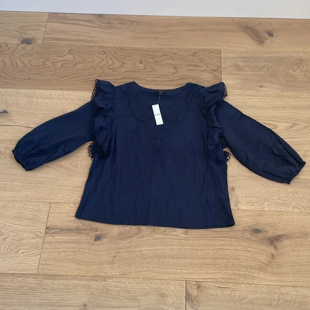 J.Crew Navy Embroidered Eyelet Ruffle Blouse Medium NWT